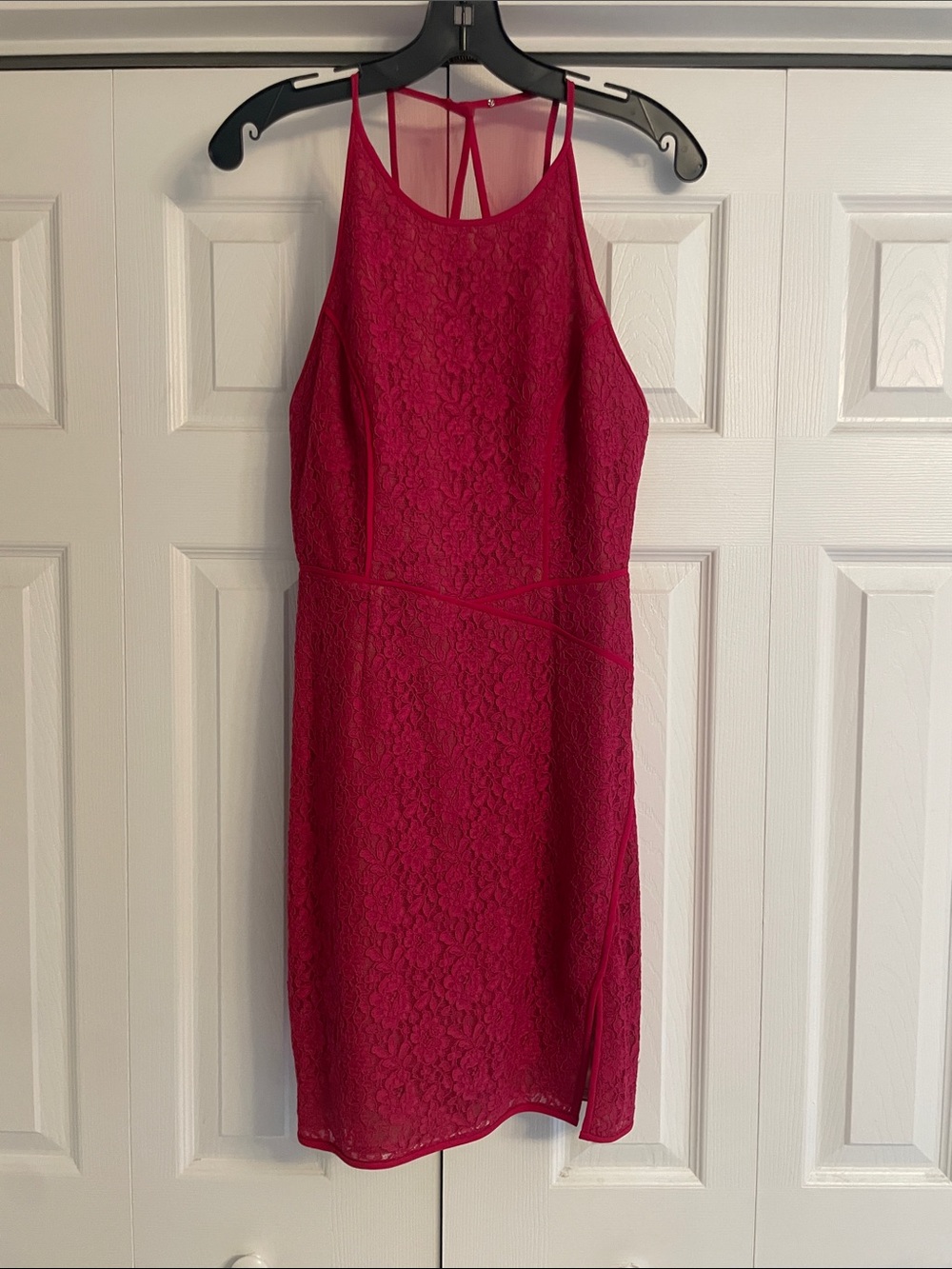 BCBGMaxAzria Fuchsia Lace Mini Dress with Strappy Back